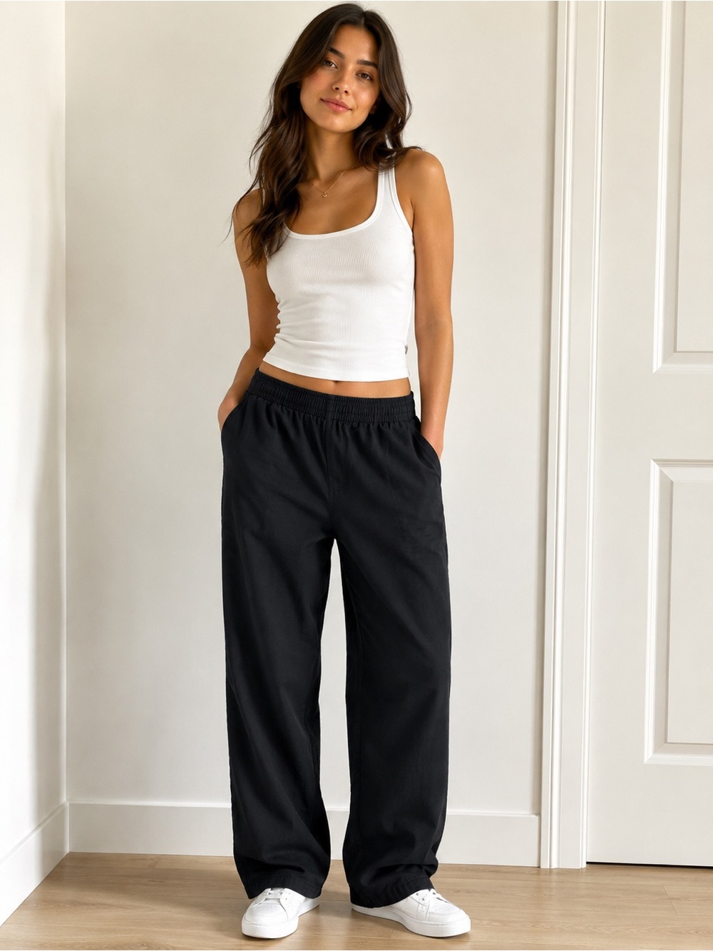 TNA Black Wide Leg Pull-On Pants | Elastic Waist | Casual Lounge Athleisure